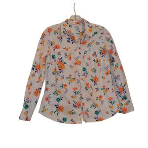 Croft &Barrow PETITES Button Down Shirt Floral on White Cotton Long Sleeves PXS